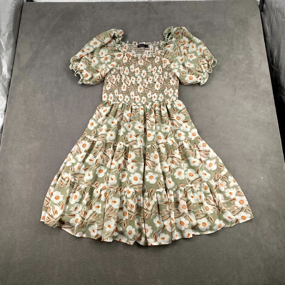 Mika‎ Rose Tiered Dress Women's M Multi Floral Fitted Smocked Bodice Ruffle Neck